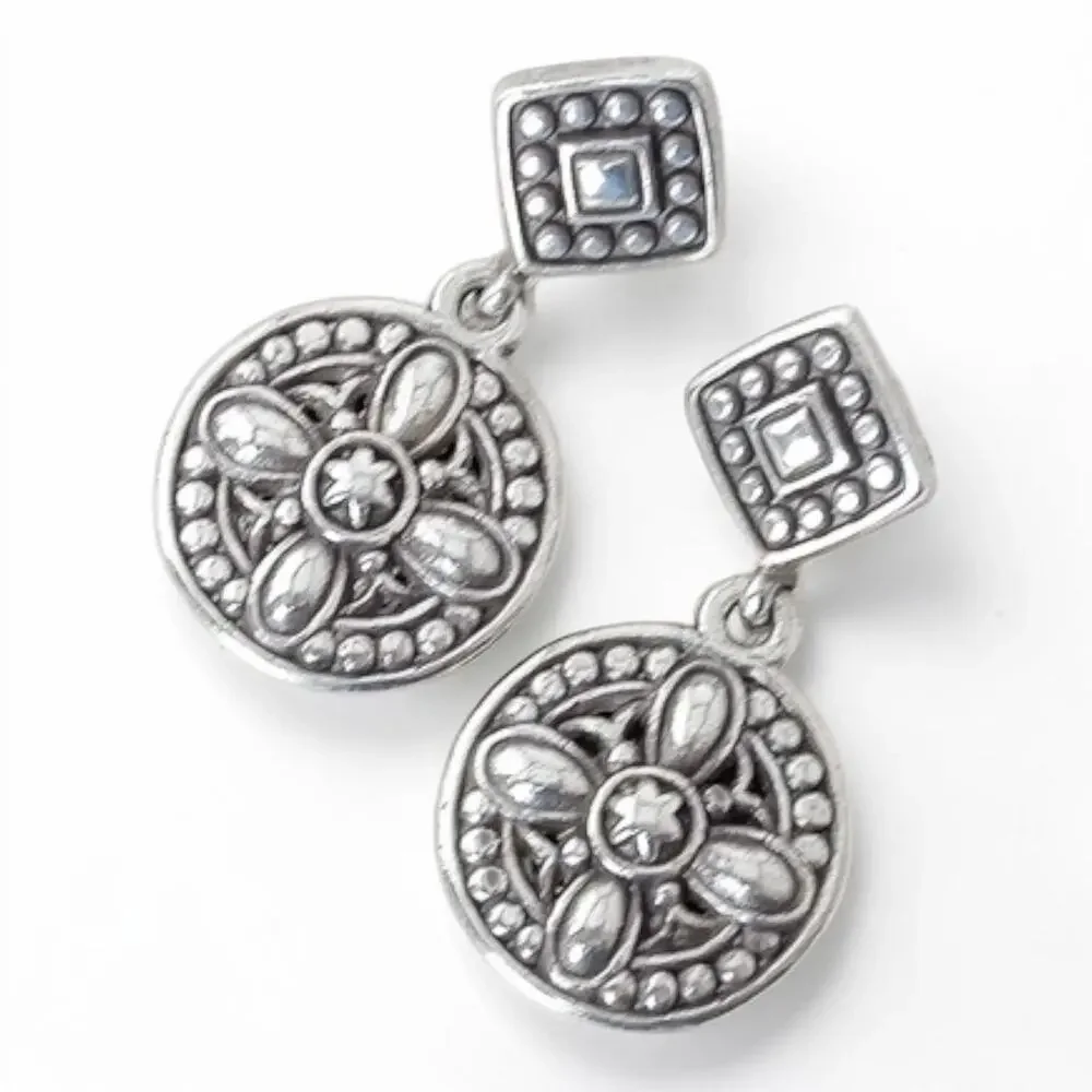 Brighton Delia Floral Round Drop Earrings Square Stud Silver Plated Retired